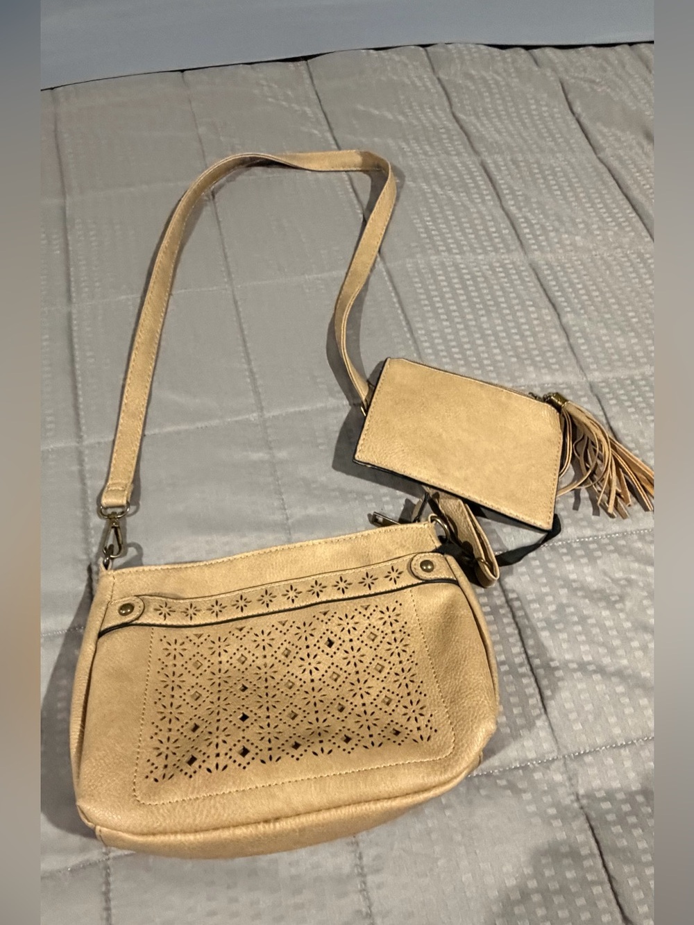 Women’s Beige Laser-Cut Crossbody Bag with Tassel Wallet